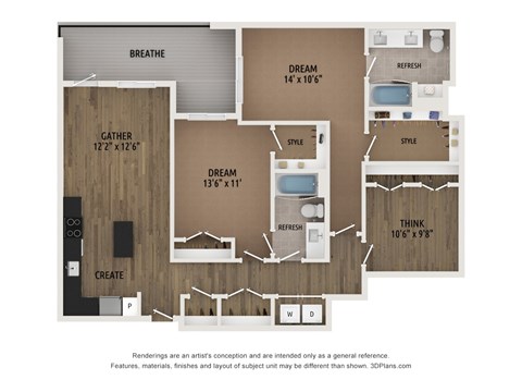 Floor plan for 2 beds, 2 baths, 1250 sqft